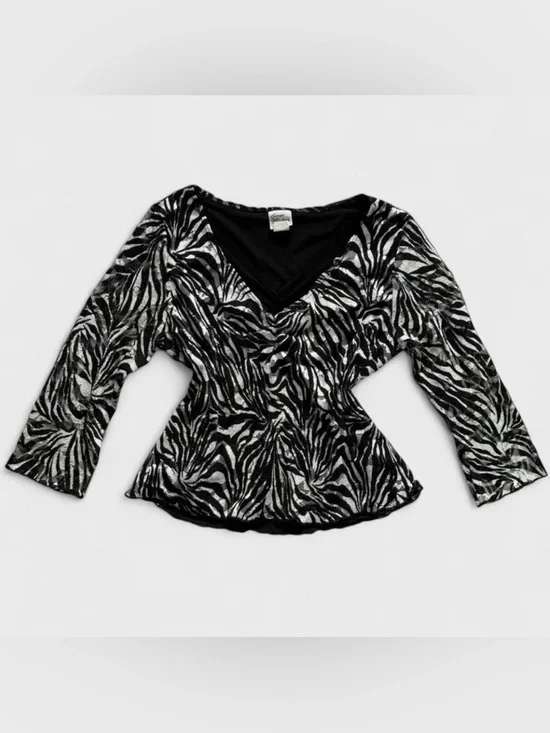 Y2K Giorgio Fiorlini Black & White Zebra Print 3/4 Sleeve Lace V Cut Blouse Top - Picture 2 of 6